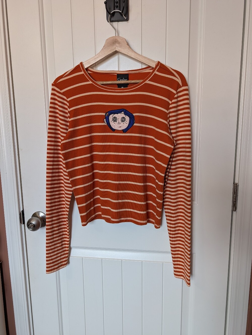 Coraline Striped and Embroidered Long Sleeve Top Medium Orange/Cream
